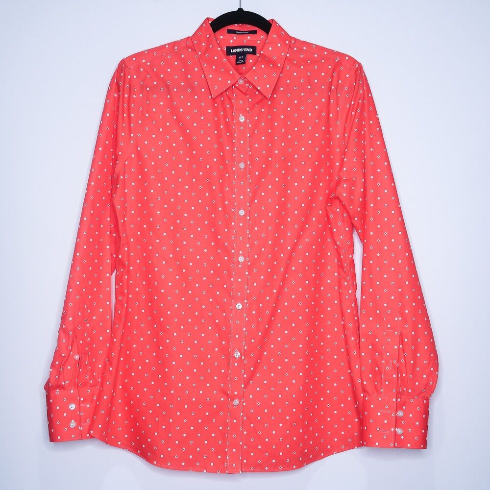 Lands' End Womens Supima Cotton Button Up Size 12T Coral White Polka Dots